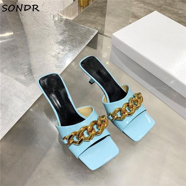 

women summer metal chain slippers luxury designer rubber slides fashion square toe kitten heel sandal mules shoes, Black
