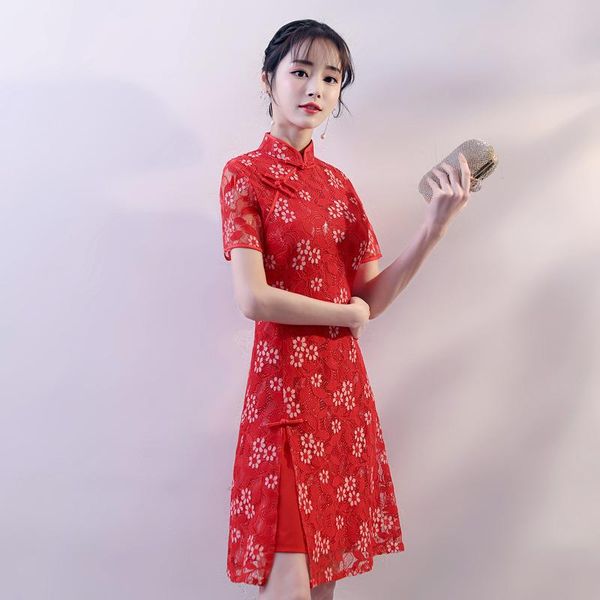 

traditional chinese lace dress women's knee length cheongsam ethnic clothing, Red