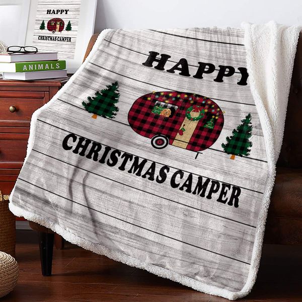 

sherpa fleece throw blanket- happy christmas camper buffalo check plaid car xmas tree barn wood fuzzy soft flannel blanket