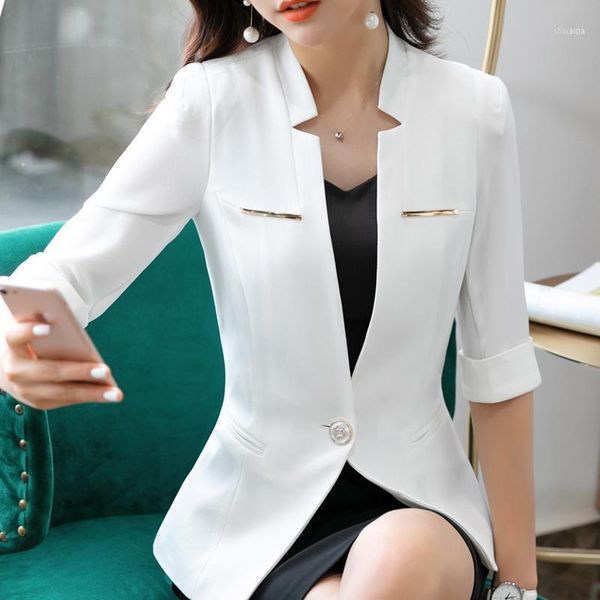 

solid half sleeve style black women summer jacket and blazer female notched collar chic ladies blazers feminino plus size1, White;black