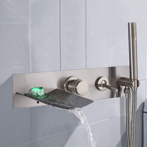 

fashion style chrome led bathtub faucet mixer tap with hand shower sprayer watelfall spout and cold water bathroom sets