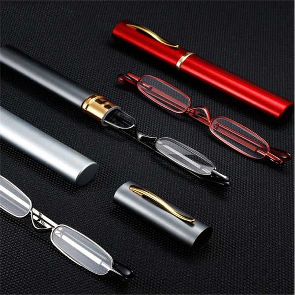 

sunglasses mini portable pen reading glasses men women lightweight clear foldable magnifier presbyopic metal with case red/gray, White;black