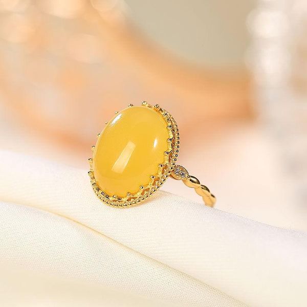 

cluster rings natural amber yellow beeswax oval egg surface opening adjustable ring unique designer craftsmanship light luxury charm jewelry, Golden;silver