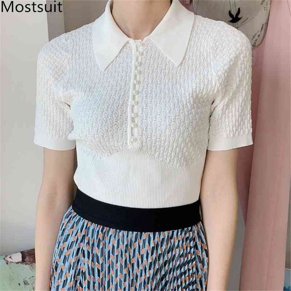 

summer korean knitted pearl buttons tshirts women short sleeve turn-down collar fashion elegant ladies tees t-shirts 210518, White