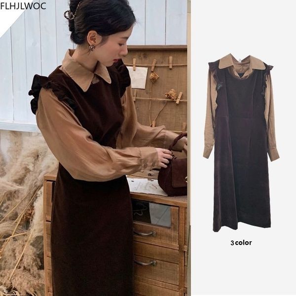 

casual dresses winter spring feminine vestidos womens fashion patchwork veet cute girls year faux two piece ruffled vintage long d, Black;gray