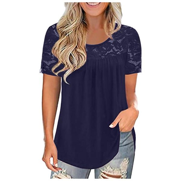 

women's t-shirt women hollow lace blouses 2021 fashion plus size blouse solid color round neck short sleeves, White