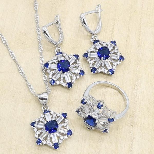

wedding jewelry sets delicate 925 silver women royal blue white zircon noble earrings rings pendant&necklace christmas gift, Slivery;golden