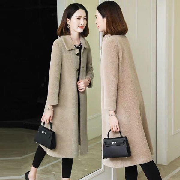 

women's fur & faux woman real coat suit turn down collar long nature coats overcoat female warm thick wool jacket ladies q220, Black