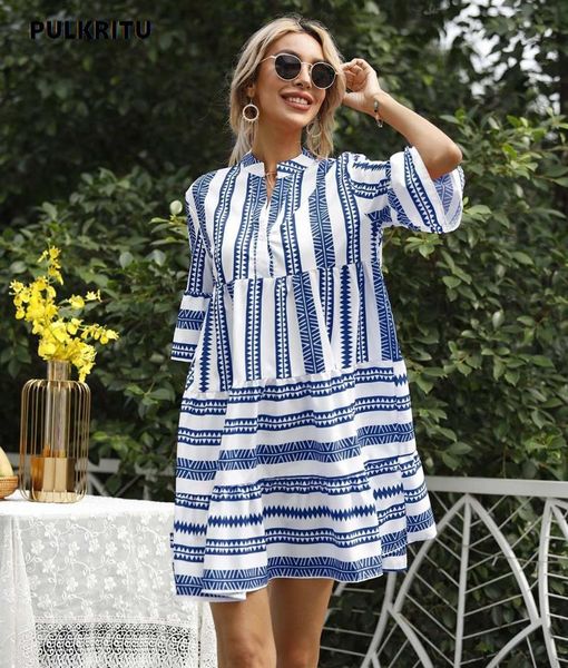 

party dresses pulkritu women geometric striped v-neck flare half sleeve beach a-line loose chic summer holiday ins patchwork dress, White;black