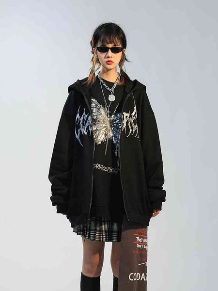 

women's hoodies & sweatshirts men's hip-hop streetwear hoodie dark butterfly cardigan sweatshirt women couple jacket gothic haraju, Black