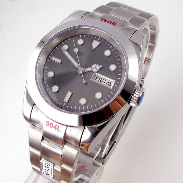 

wristwatches japan nh36a weekday business steel automatic men watch sunburst grey dial oyster green luminous index polish case, Slivery;brown