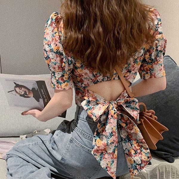 

women's blouses & shirts vintage puff slevee floral blouse summer square collar women short designer spring casual korean one-piece cl, White
