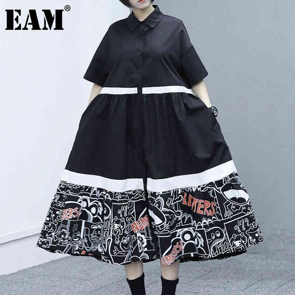 

[eam] women black white letter print big size dress lapel short sleeve loose fit fashion spring summer 1dd6273 21512, Black;gray