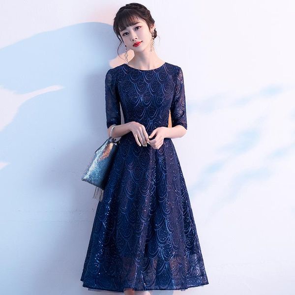 

half sleeve women o-neck banquet a-line dresses elegant sequins mid-length lace prom skirt summer gown vestidos de festa ethnic clothing, Red