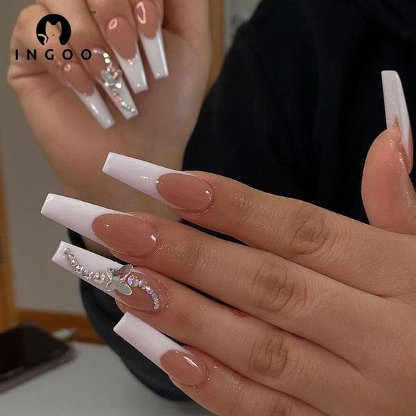 

false nails 24pcs fake nail with diamond long detachable french stick on coffin glitter butterfly press art diy manicure tool, Red;gold