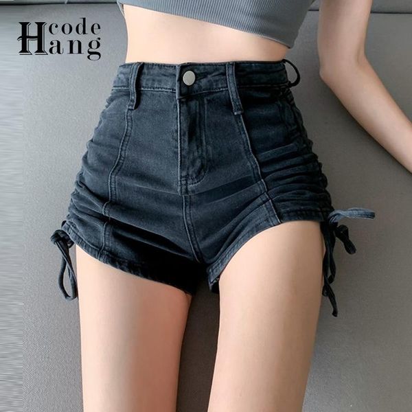 

women's shorts hangcode high waist denim women summer 2021 fashion girl shirring ruched black fitness short jeans, White;black