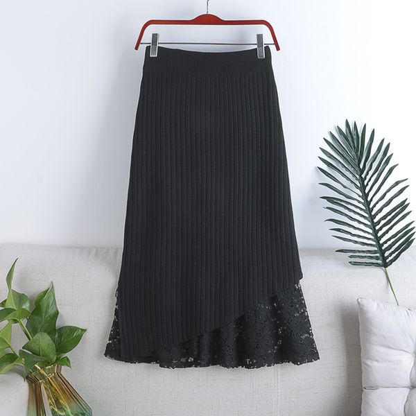 

skirt knitted spliced pleated women mujer faldas black elastic high waist midi