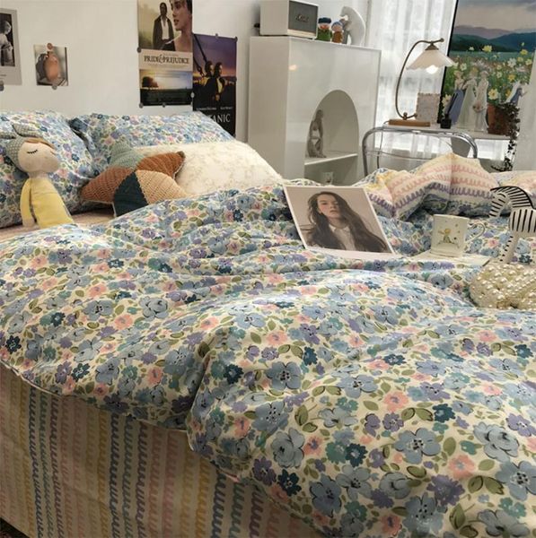 

bedding sets vintage pastoral floral set girl,blue purple flower cotton twin full  home textile bed sheet pillowcase duvet cover