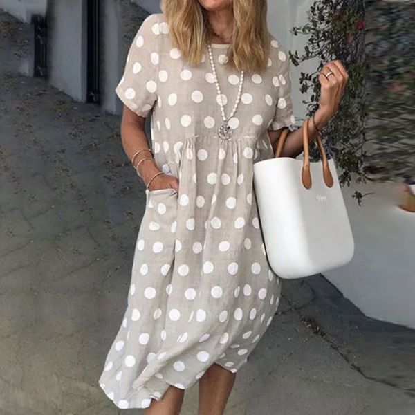 

women short sleeve o neck polka dot loose dress casual boho pockets pleated midi elegant sundress 210428, Black;gray