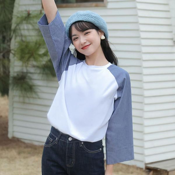 

women's t-shirt chic khaki summer loose three-quarter sleeve cotton round neck hong kong style mixed color stripe half, White