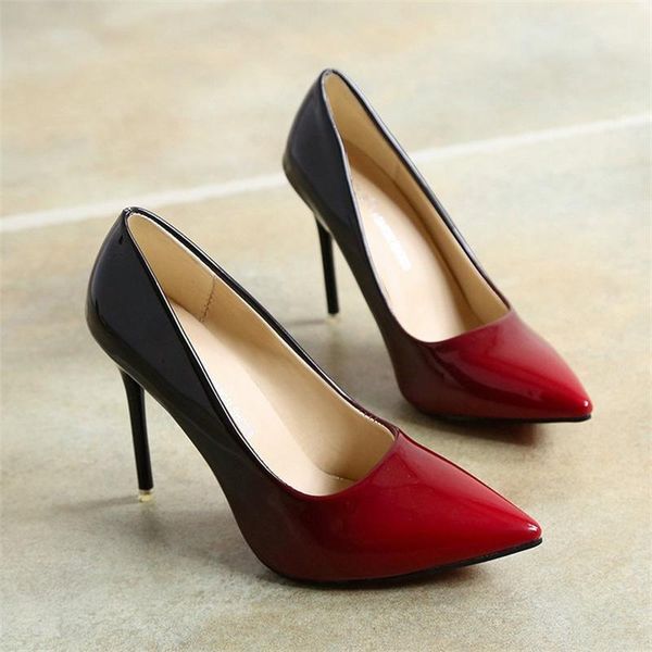

dress shoes 10cm women's pointed toe high heels patent leather wine red boat wedding 2021, Black