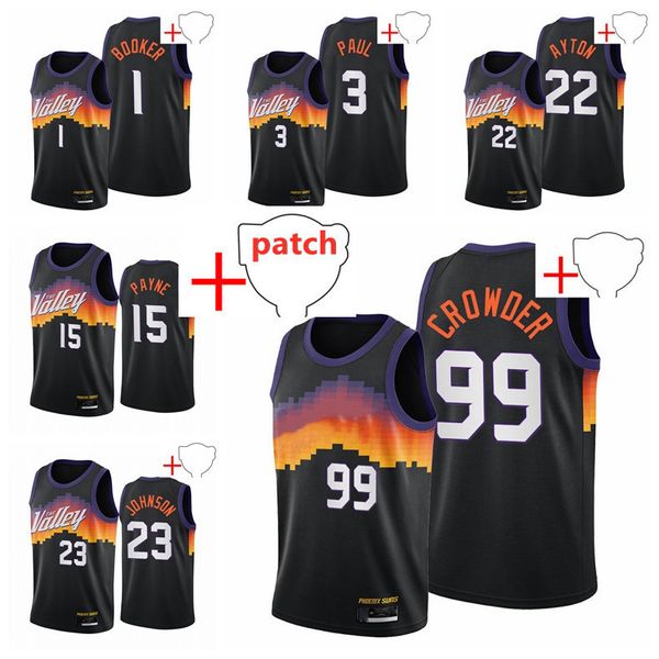 

phoenixsunsmen devin 1 booker chris paul 3 deandre ayton 22 jae crowder 99 cameron payne 15 black 2021 playoffs basketball jersey, Black;red