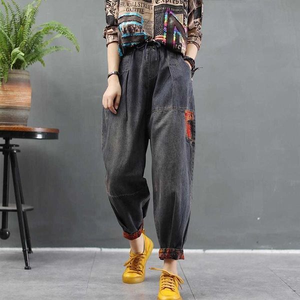 

arrival autumn arts style women loose casual elastic waist harem pants cotton denim patchwork jeans woman plus size a122 women's, Blue