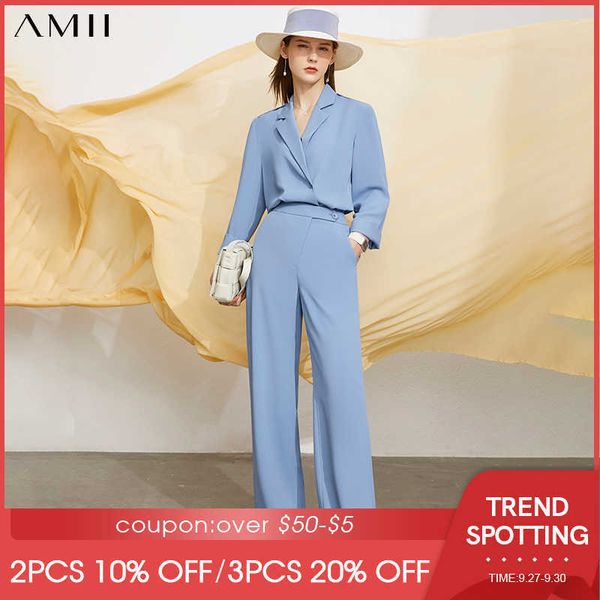 

amii minimalism summer women's set offical lady solid vneck loose shirt causal high waist pants 12140276 210930, White