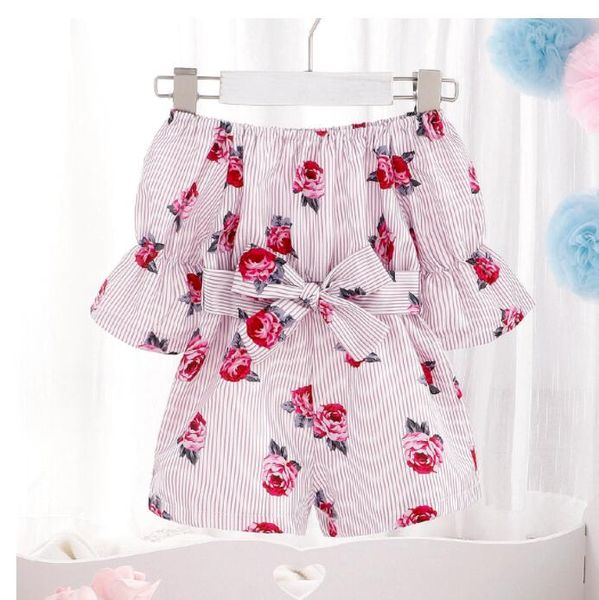 

[stock in idn ] baby girl clothes set jumpsuit clothing floral off shoulder bodysuit romper+pants, White