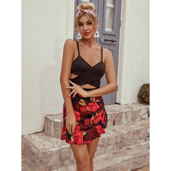 

spring and summer explosions in europe america retro ins wind printed high waist irregular a-line skirt skirts, Black