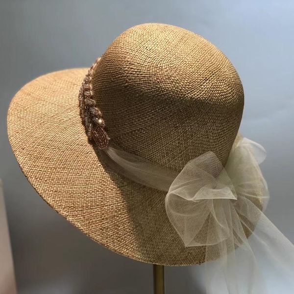 

summer cute italian heavy handmade nailed diamond bow decoration straw hat basin sunscreen cap for women stingy brim hats, Blue;gray