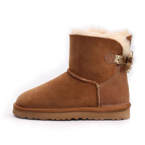 

boots wholesale/retail sheepskin leather real wool lined ladies short ankle winter suede snow with bowknots warm women, Black