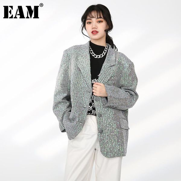 

[eam] women sequins shining gray big size blazer lapel long sleeve loose fit jacket fashion spring autumn 2021 1dd072902 women's suits, White;black