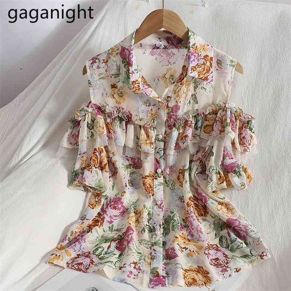 

fashion women and blouses summer korean floral ruffled chiffon shirt off shoulder blusa feminina 210601, White