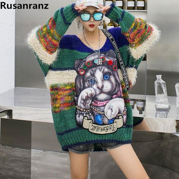 

winter cartoon cat loose medium long v-collar long-sleeved sweater woman women pullovers coat ugly christmas women's sweaters, White;black