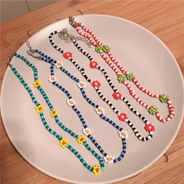 

chains korean simple smile flower famale multicolor rice bead clavicle necklace ins fashion clay bohemian style accessorie, Silver