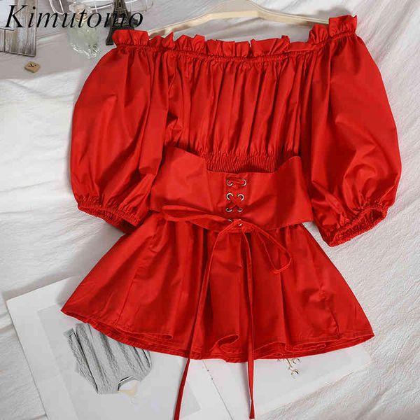 

kimutomo off shoulder elegant shirt spring cross-tie slash neck puff sleeve slim waist korean fashion solid blouse 210521, White