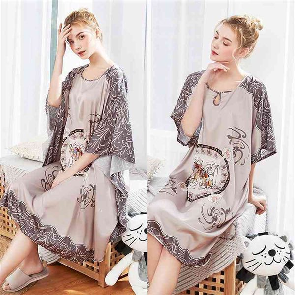 

women long silk nightwear satin half sleeve knee length sleepwear print sleepshirts grey nightdress night wear dress gown, Black;red