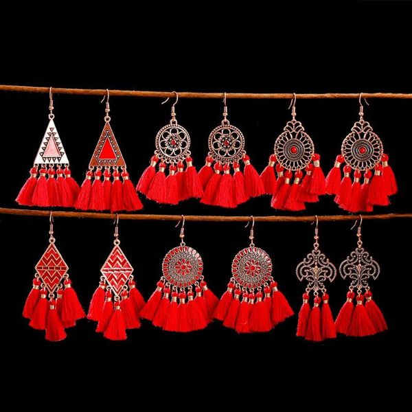 

vintage red fringe tassel wedding dangle earrings women's handmade statement bohemia brincos & chandelier, Silver