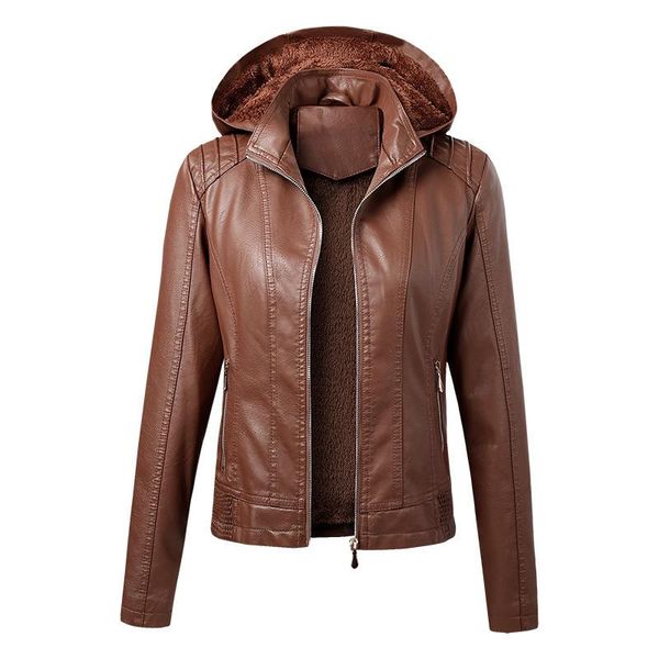 

women's leather & faux women winter jacket 2021 fleece warm ladies fashion casual hooded coat female brown yellow blue red coffee black