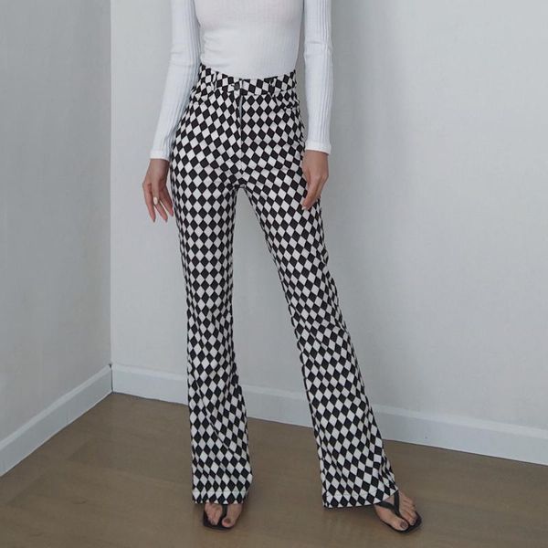 

women's pants & capris women high waist checkboard print flare, Black;white