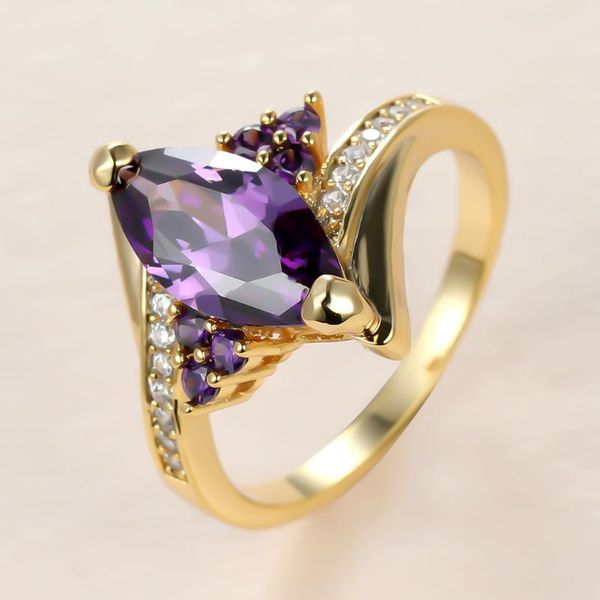 

wedding rings trendy female purple crystal stone ring charm gold color thin for women luxury leaf zircon engagement, Slivery;golden