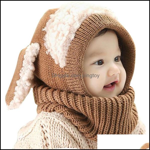 Caps Hats Aessórios Bebê, Crianças MaternidadeBaby Rabbit Orelhas Criança Criança Inverno Beanie Beanie Quente Lenço Com Capuz Earflap Chapéu De Malha Gota Deliv