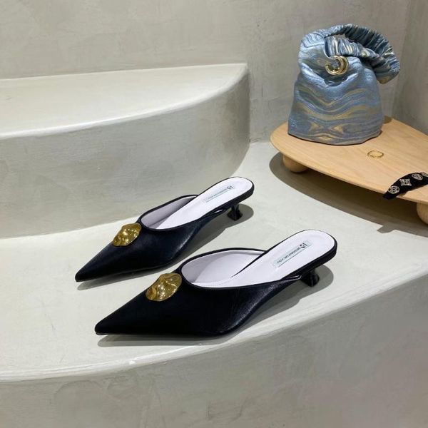 

fashion women slippers pointed toe solid color thin low heels metal design shallow slip on beige/black/white flip flops