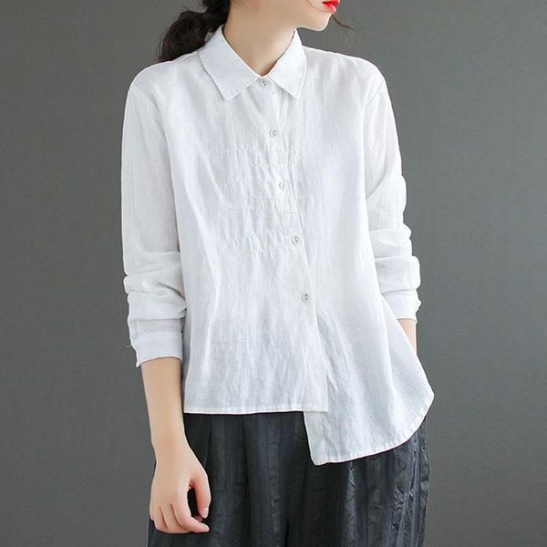 

women's blouses & shirts johnature retro embroidery turn-down collar long sleeve irregular shirt 2021 autumn cotton linen leisure all, White