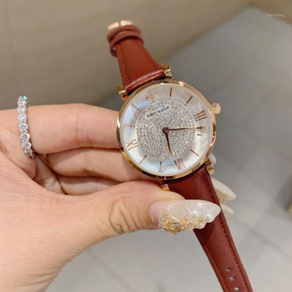 

wristwatches classic brand women full crystals watches waterproof candy colors real leather strap wristwatch roman number analog watch quart, Slivery;brown