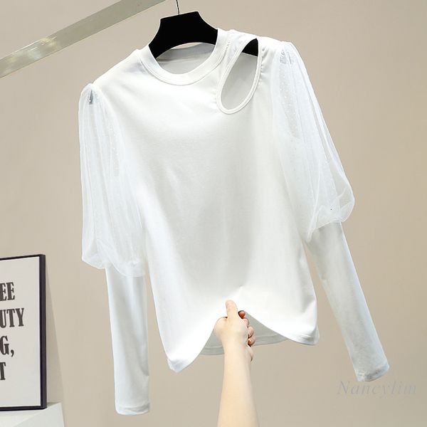 

t shirt polka dot mesh stitching vintage long sleeve hollow-out slim t-shirt women's all-match tees white black spring