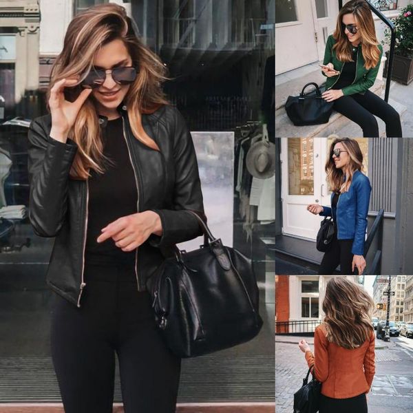 

women's jackets autumn leather jacket women 2021 casual zipper moto biker short coat ladies punk black red bomber outwear plus size, Black;brown