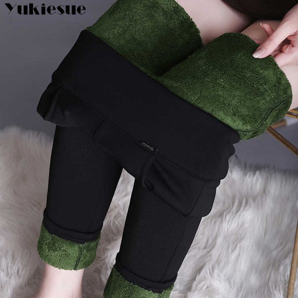 

warm women winter pencil pants thicken fleece trousers female black blue grey high waist stretch velvet legging 210608, Black;white
