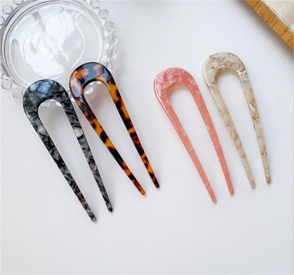 

u-shaped hairpin with 2 prongs hair fork pin sticks french style u shape celluloid acetate updo chignon clips for women girls xb1, Black;brown